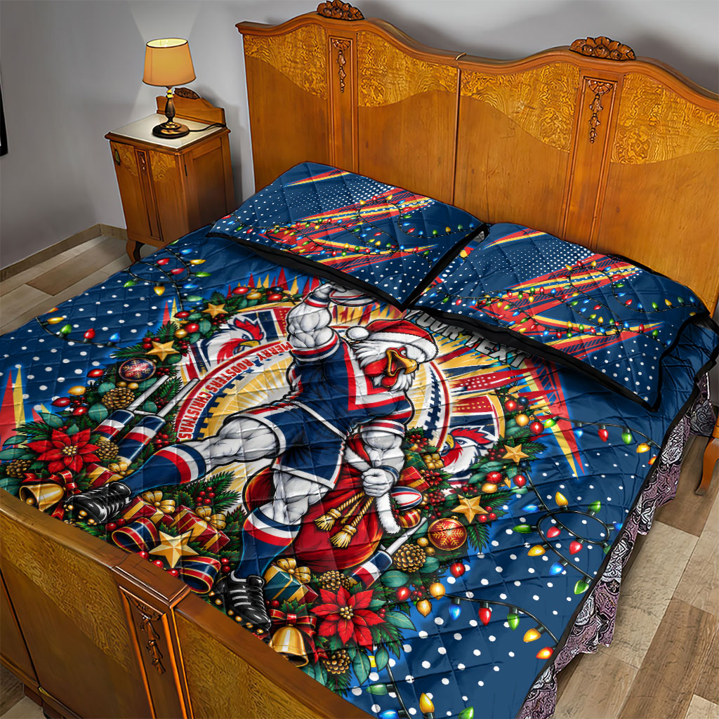 Personalized Sydney Roosters Rugby Christmas Quilt Bed Set Holiday Mascot Graphic Art Festive Lights Bow