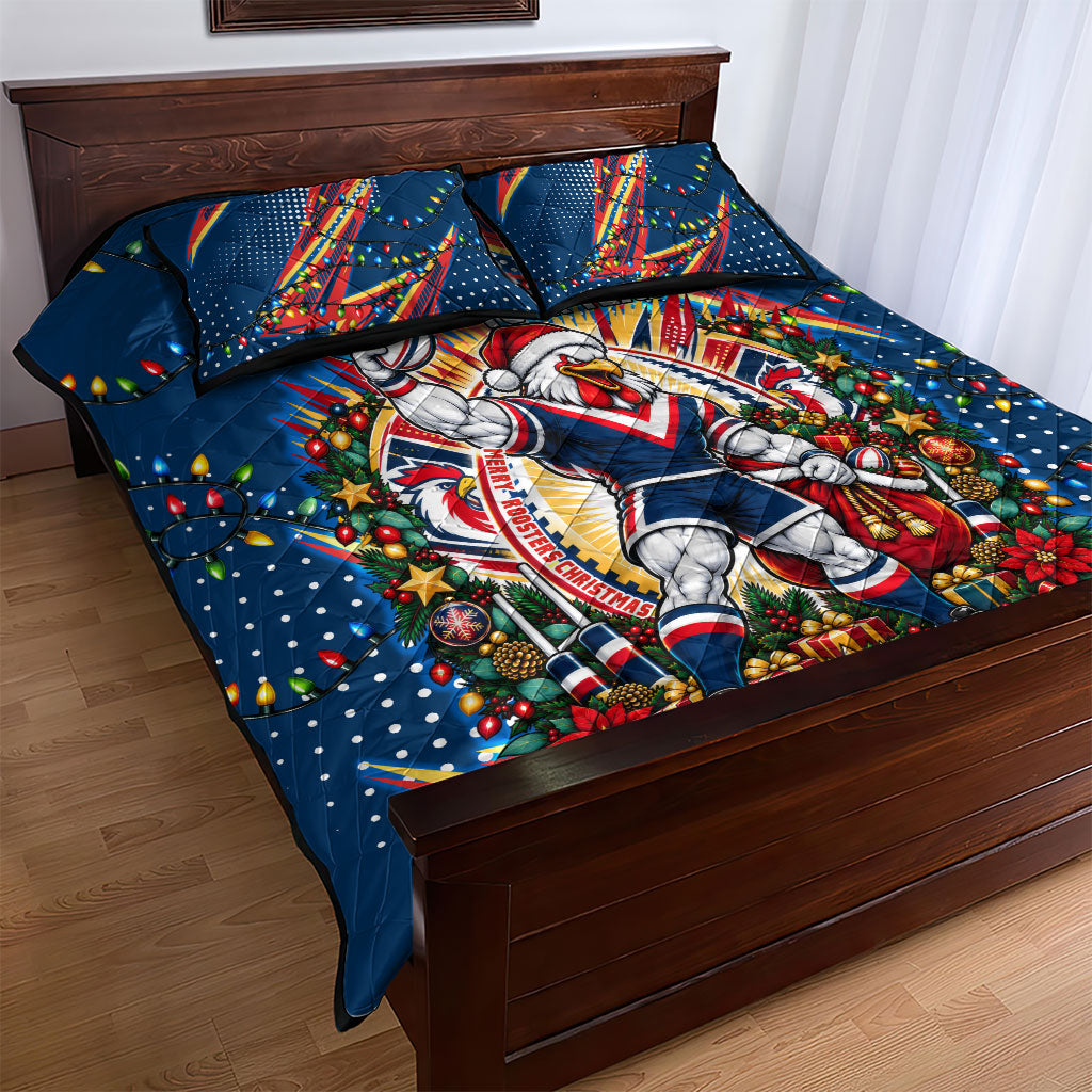 Personalized Sydney Roosters Rugby Christmas Quilt Bed Set Holiday Mascot Graphic Art Festive Lights Bow