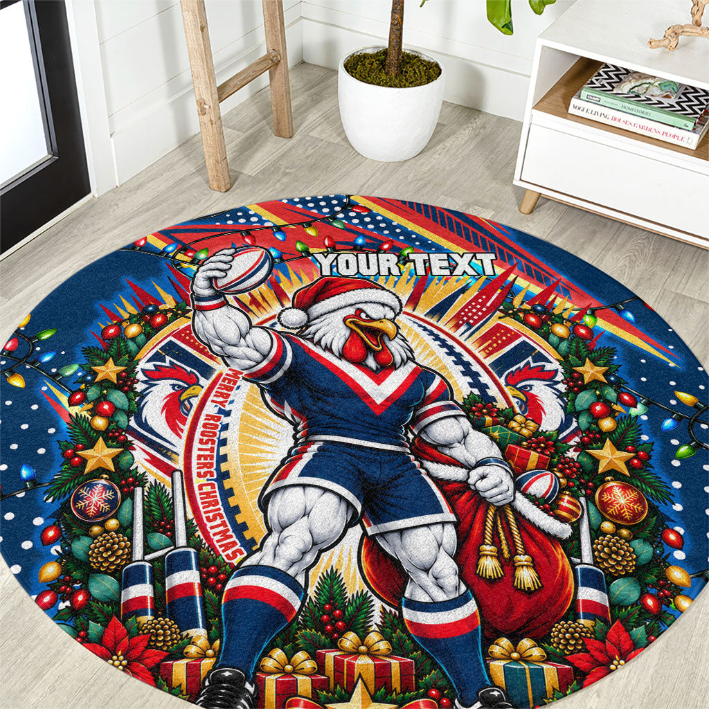 Personalized Sydney Roosters Rugby Christmas Round Carpet Holiday Mascot Graphic Art Festive Lights Bow