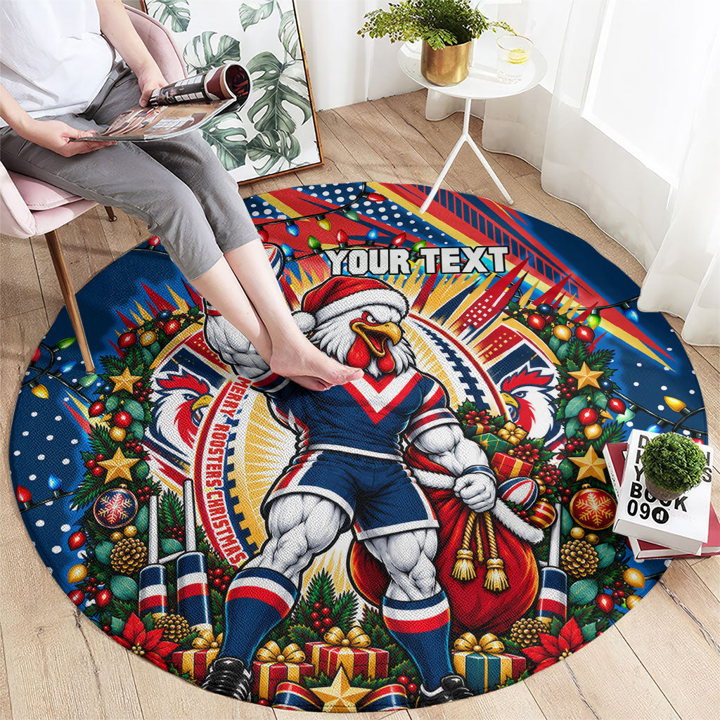 Personalized Sydney Roosters Rugby Christmas Round Carpet Holiday Mascot Graphic Art Festive Lights Bow