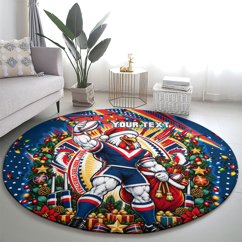 Personalized Sydney Roosters Rugby Christmas Round Carpet Holiday Mascot Graphic Art Festive Lights Bow