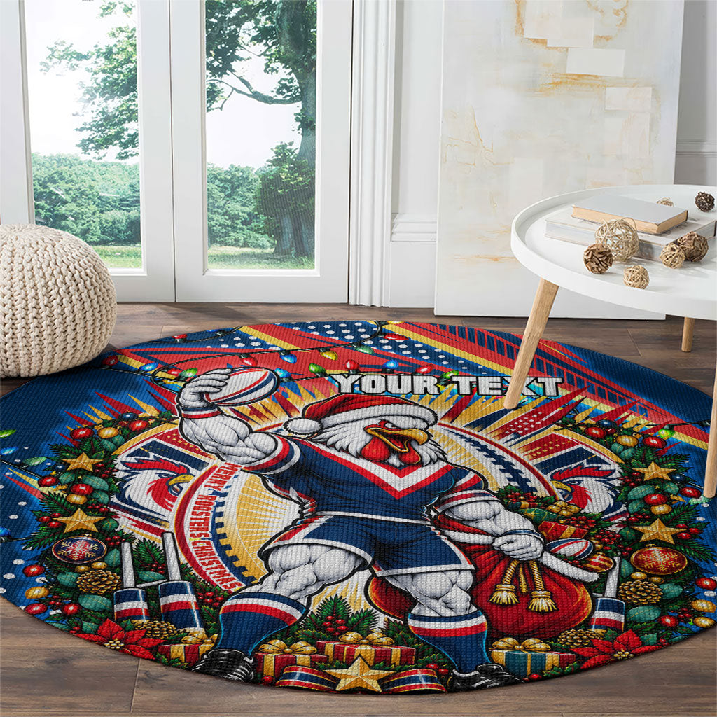 Personalized Sydney Roosters Rugby Christmas Round Carpet Holiday Mascot Graphic Art Festive Lights Bow