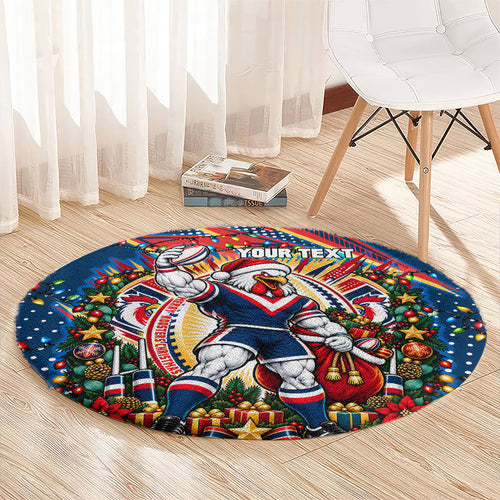 Personalized Sydney Roosters Rugby Christmas Round Carpet Holiday Mascot Graphic Art Festive Lights Bow
