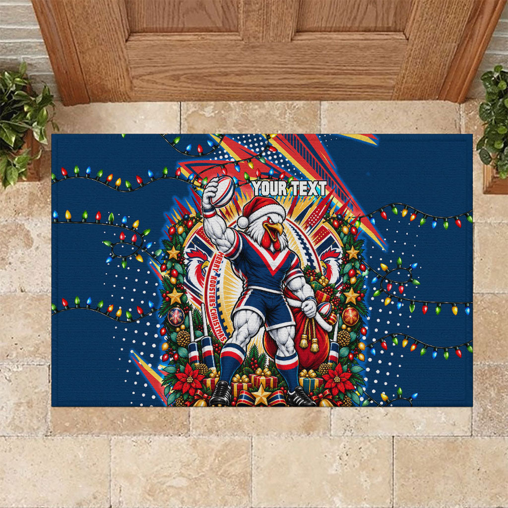Personalized Sydney Roosters Rugby Christmas Rubber Doormat Holiday Mascot Graphic Art Festive Lights Bow