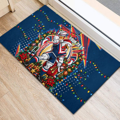 Personalized Sydney Roosters Rugby Christmas Rubber Doormat Holiday Mascot Graphic Art Festive Lights Bow