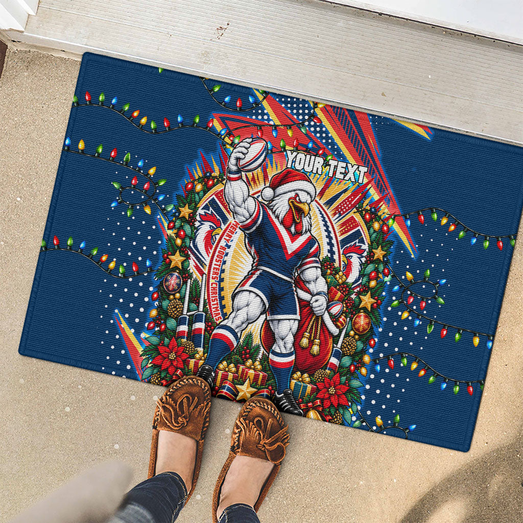 Personalized Sydney Roosters Rugby Christmas Rubber Doormat Holiday Mascot Graphic Art Festive Lights Bow