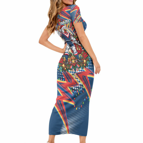 Personalized Sydney Roosters Rugby Christmas Short Sleeve Bodycon Dress Holiday Mascot Graphic Art Festive Lights Bow