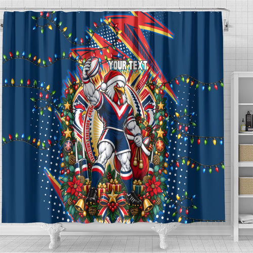 Personalized Sydney Roosters Rugby Christmas Shower Curtain Holiday Mascot Graphic Art Festive Lights Bow