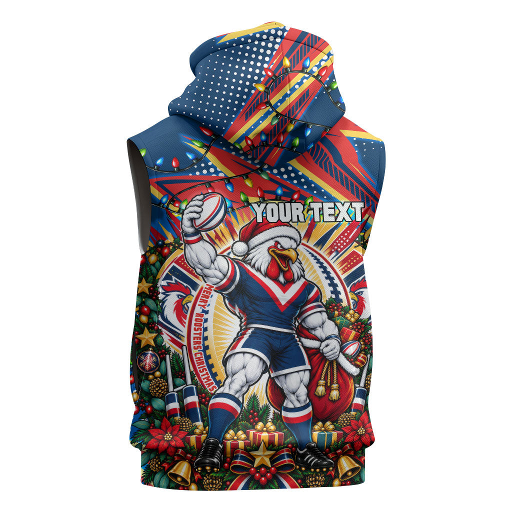 Personalized Sydney Roosters Rugby Christmas Sleeveless Hoodie Holiday Mascot Graphic Art Festive Lights Bow