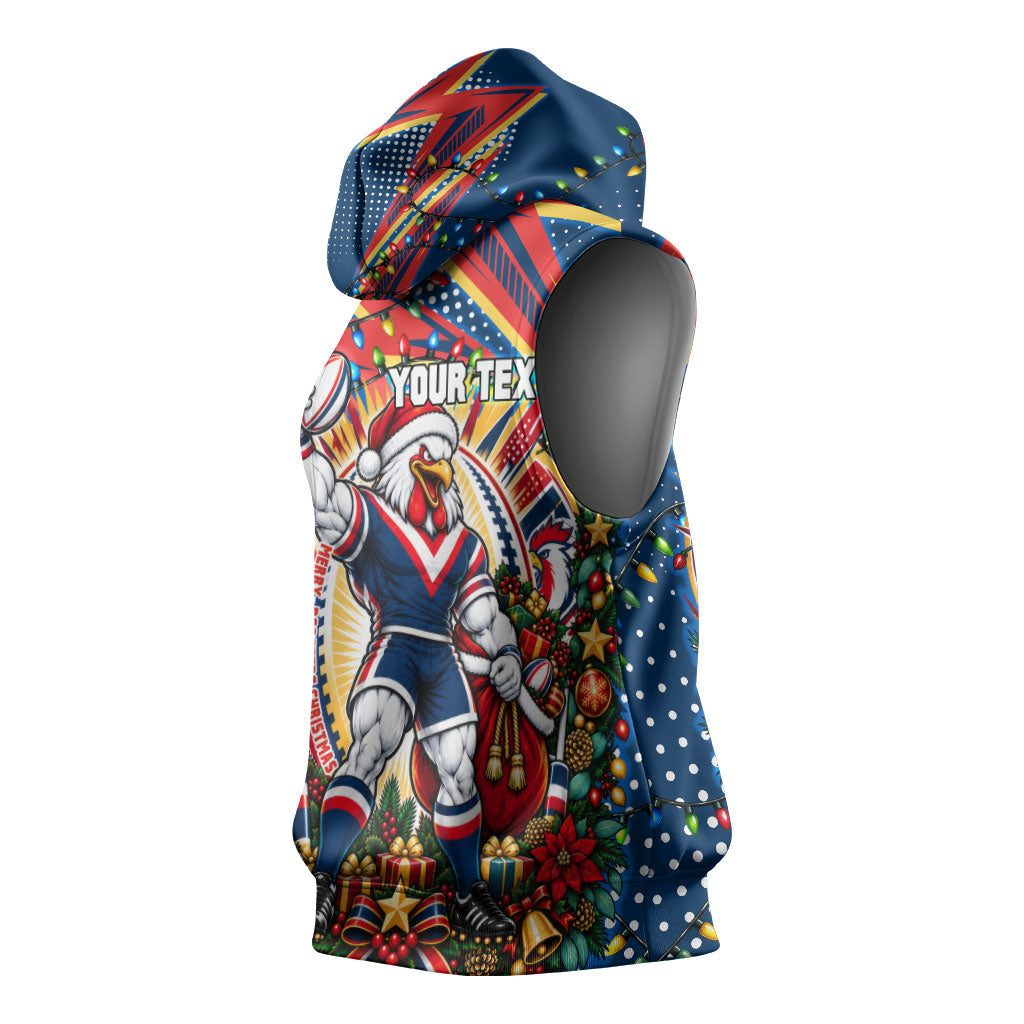 Personalized Sydney Roosters Rugby Christmas Sleeveless Hoodie Holiday Mascot Graphic Art Festive Lights Bow