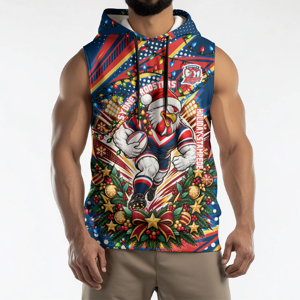 Personalized Sydney Roosters Rugby Christmas Sleeveless Hoodie Holiday Mascot Graphic Art Festive Lights Bow
