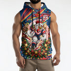 Personalized Sydney Roosters Rugby Christmas Sleeveless Hoodie Holiday Mascot Graphic Art Festive Lights Bow