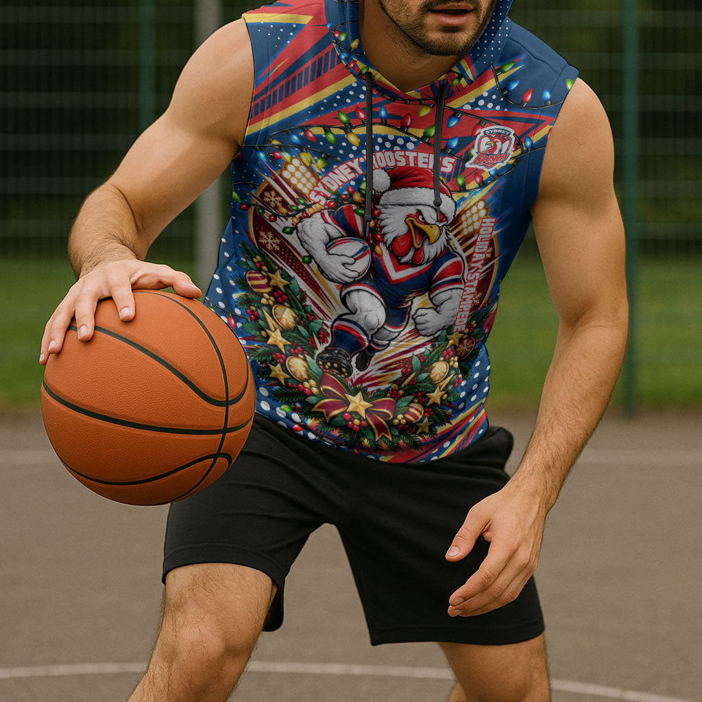 Personalized Sydney Roosters Rugby Christmas Sleeveless Hoodie Holiday Mascot Graphic Art Festive Lights Bow