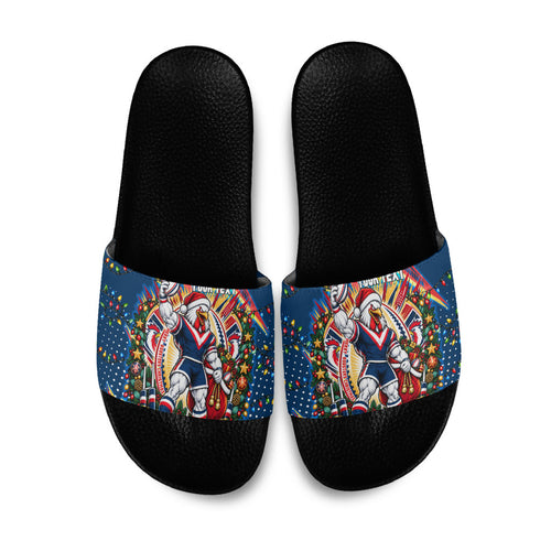 Personalized Sydney Roosters Rugby Christmas Slide Sandals Holiday Mascot Graphic Art Festive Lights Bow
