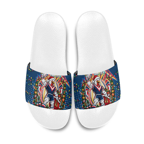 Personalized Sydney Roosters Rugby Christmas Slide Sandals Holiday Mascot Graphic Art Festive Lights Bow