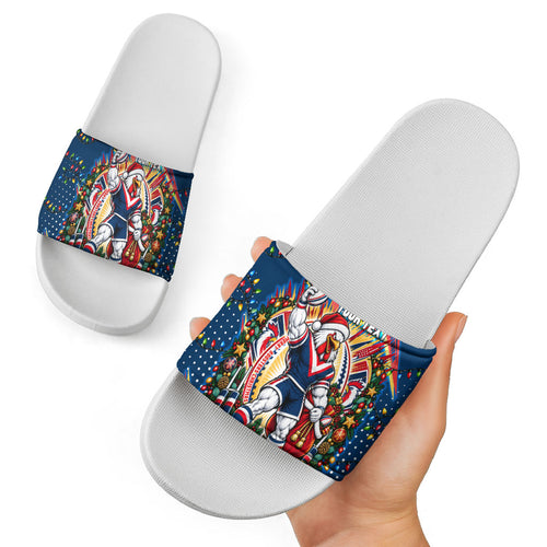Personalized Sydney Roosters Rugby Christmas Slide Sandals Holiday Mascot Graphic Art Festive Lights Bow