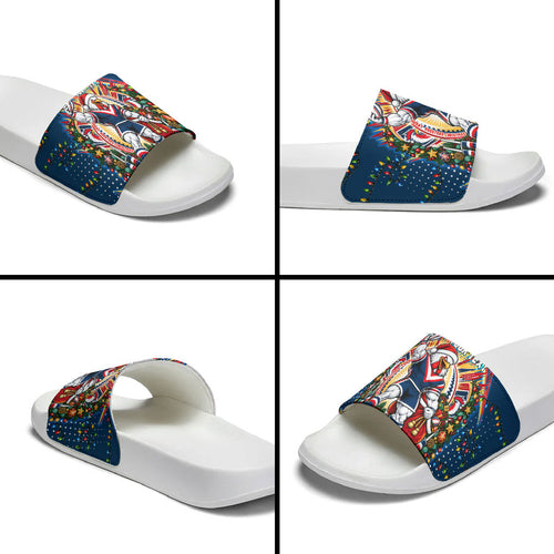 Personalized Sydney Roosters Rugby Christmas Slide Sandals Holiday Mascot Graphic Art Festive Lights Bow