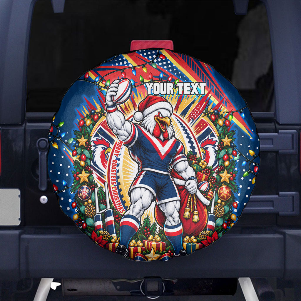 Personalized Sydney Roosters Rugby Christmas Spare Tire Cover Holiday Mascot Graphic Art Festive Lights Bow