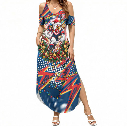 Personalized Sydney Roosters Rugby Christmas Summer Maxi Dress Holiday Mascot Graphic Art Festive Lights Bow