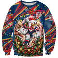 Personalized Sydney Roosters Rugby Christmas Sweatshirt Holiday Mascot Graphic Art Festive Lights Bow