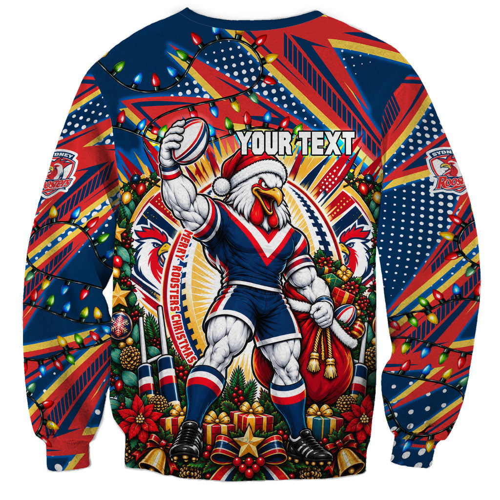 Personalized Sydney Roosters Rugby Christmas Sweatshirt Holiday Mascot Graphic Art Festive Lights Bow