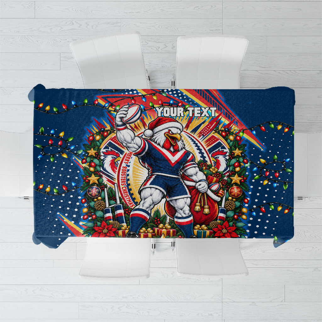 Personalized Sydney Roosters Rugby Christmas Tablecloth Holiday Mascot Graphic Art Festive Lights Bow