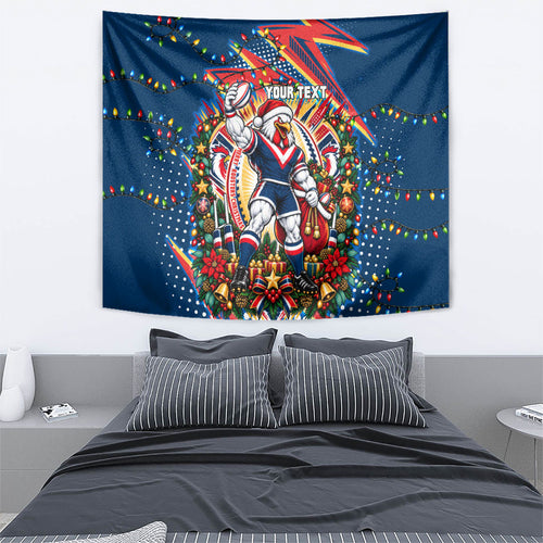 Personalized Sydney Roosters Rugby Christmas Tapestry Holiday Mascot Graphic Art Festive Lights Bow