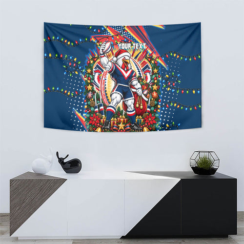 Personalized Sydney Roosters Rugby Christmas Tapestry Holiday Mascot Graphic Art Festive Lights Bow