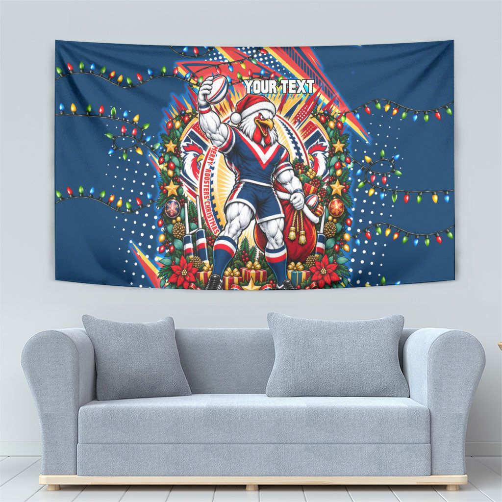 Personalized Sydney Roosters Rugby Christmas Tapestry Holiday Mascot Graphic Art Festive Lights Bow