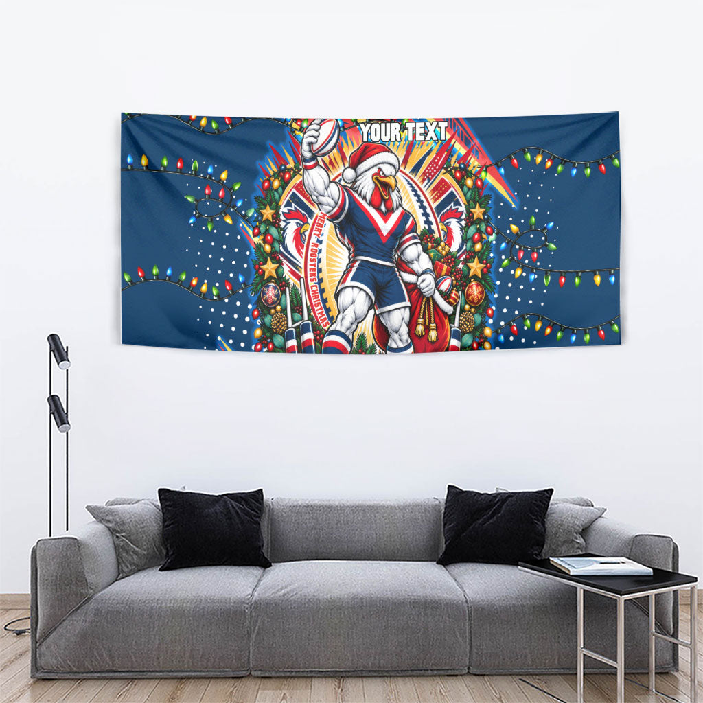 Personalized Sydney Roosters Rugby Christmas Tapestry Holiday Mascot Graphic Art Festive Lights Bow