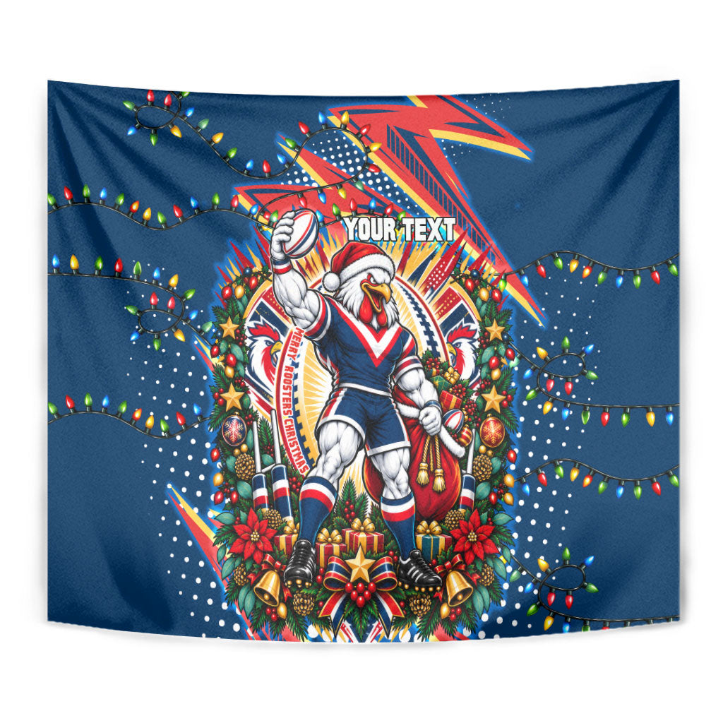Personalized Sydney Roosters Rugby Christmas Tapestry Holiday Mascot Graphic Art Festive Lights Bow