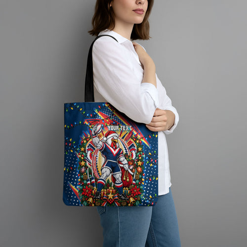 Personalized Sydney Roosters Rugby Christmas Tote Bag Holiday Mascot Graphic Art Festive Lights Bow