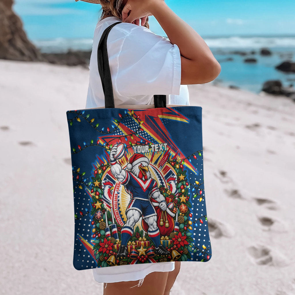 Personalized Sydney Roosters Rugby Christmas Tote Bag Holiday Mascot Graphic Art Festive Lights Bow