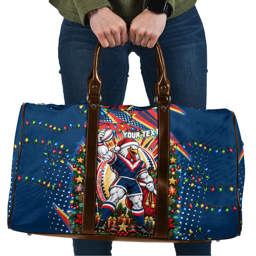 Personalized Sydney Roosters Rugby Christmas Travel Bag Holiday Mascot Graphic Art Festive Lights Bow