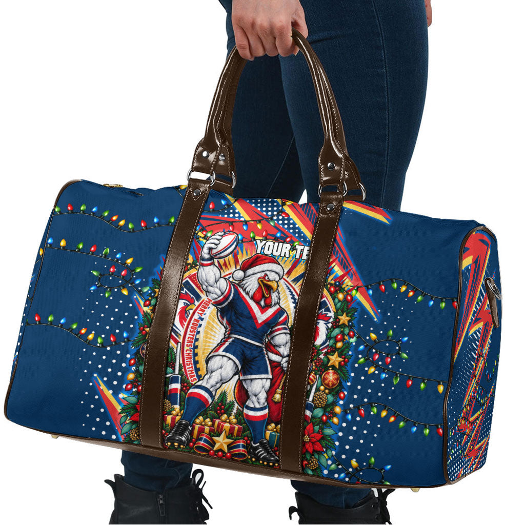 Personalized Sydney Roosters Rugby Christmas Travel Bag Holiday Mascot Graphic Art Festive Lights Bow