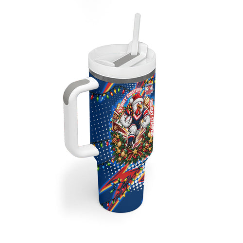 Personalized Sydney Roosters Rugby Christmas Tumbler With Handle Holiday Mascot Graphic Art Festive Lights Bow