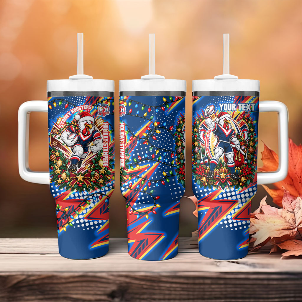 Personalized Sydney Roosters Rugby Christmas Tumbler With Handle Holiday Mascot Graphic Art Festive Lights Bow