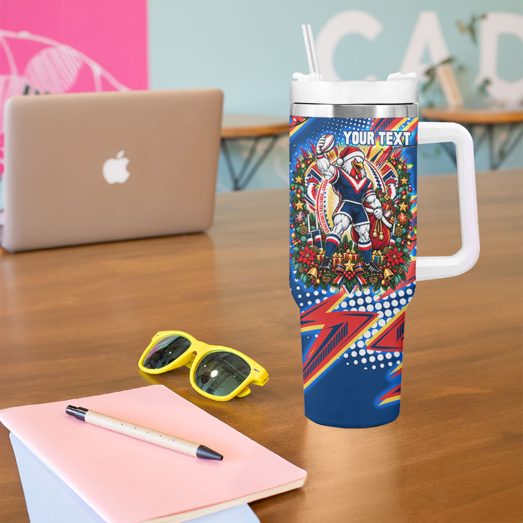Personalized Sydney Roosters Rugby Christmas Tumbler With Handle Holiday Mascot Graphic Art Festive Lights Bow