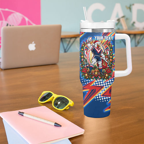 Personalized Sydney Roosters Rugby Christmas Tumbler With Handle Holiday Mascot Graphic Art Festive Lights Bow