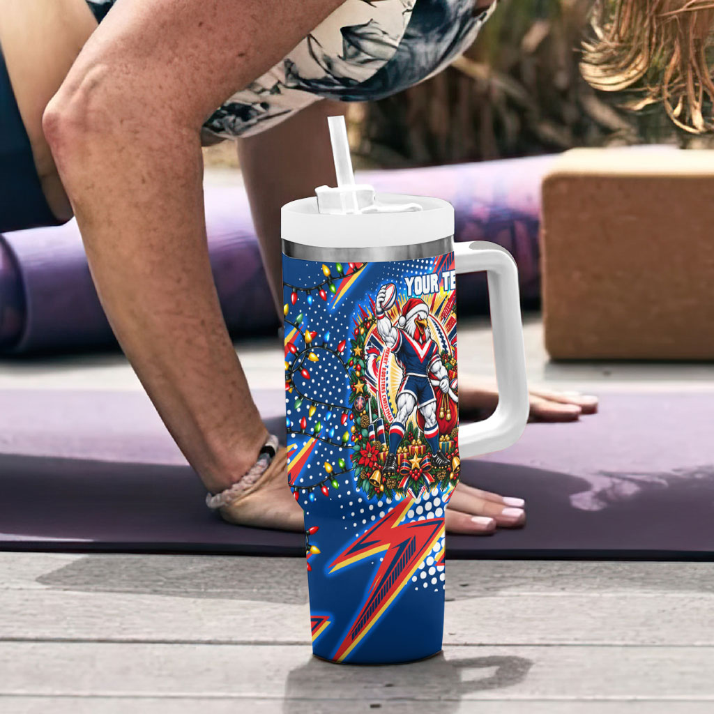 Personalized Sydney Roosters Rugby Christmas Tumbler With Handle Holiday Mascot Graphic Art Festive Lights Bow