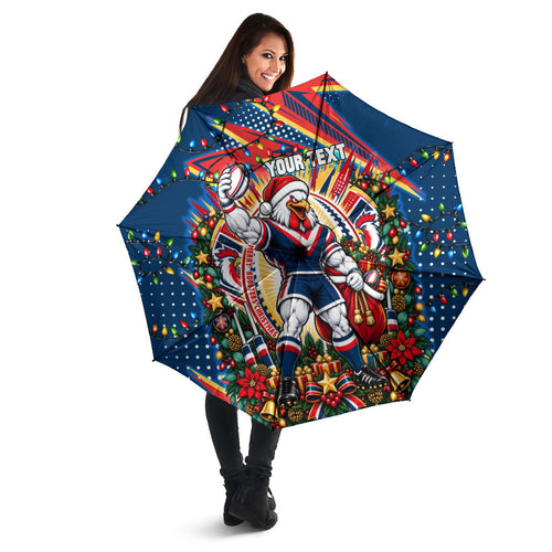Personalized Sydney Roosters Rugby Christmas Umbrella Holiday Mascot Graphic Art Festive Lights Bow