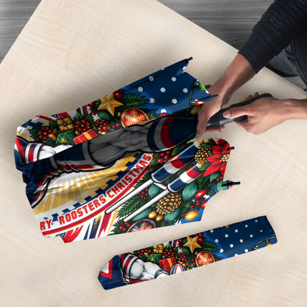 Personalized Sydney Roosters Rugby Christmas Umbrella Holiday Mascot Graphic Art Festive Lights Bow