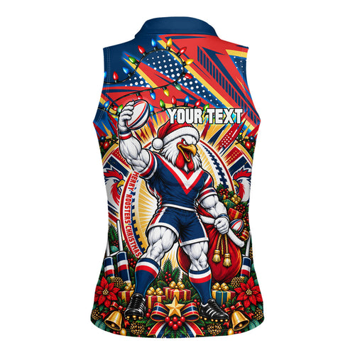 Personalized Sydney Roosters Rugby Christmas Women Sleeveless Polo Shirt Holiday Mascot Graphic Art Festive Lights Bow