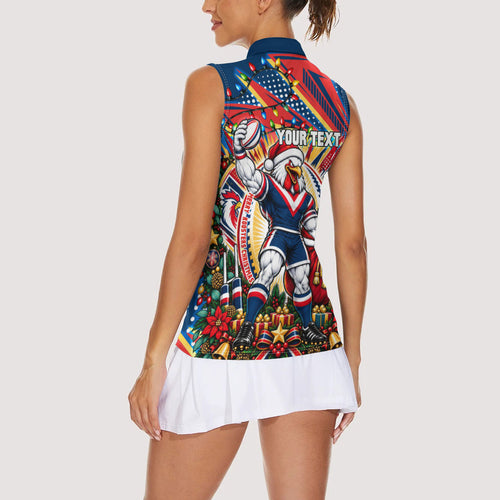Personalized Sydney Roosters Rugby Christmas Women Sleeveless Polo Shirt Holiday Mascot Graphic Art Festive Lights Bow