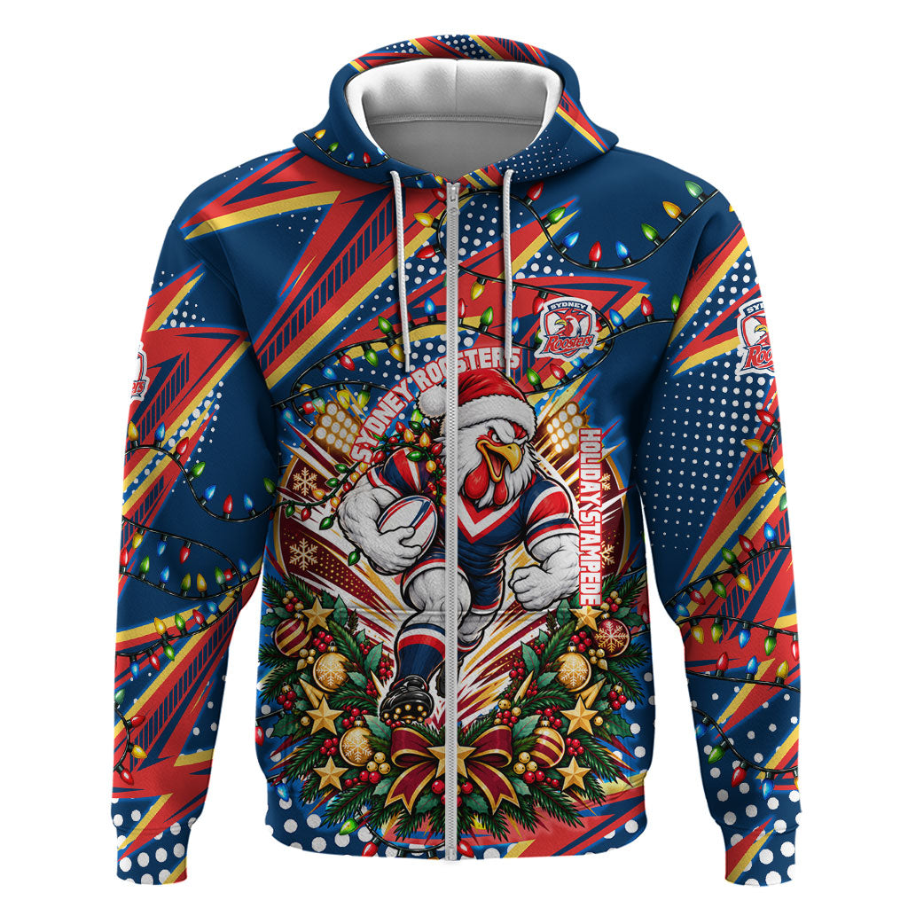 Personalized Sydney Roosters Rugby Christmas Zip Hoodie Holiday Mascot Graphic Art Festive Lights Bow