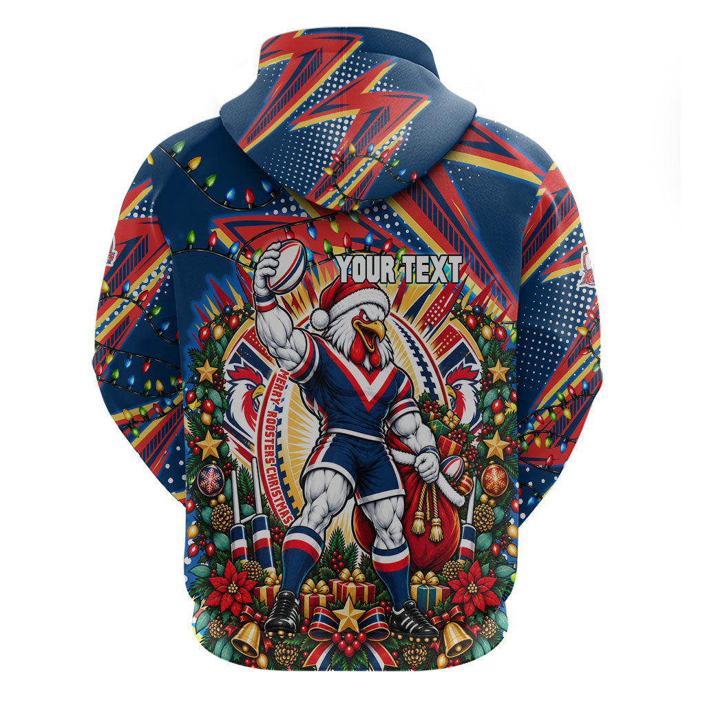 Personalized Sydney Roosters Rugby Christmas Zip Hoodie Holiday Mascot Graphic Art Festive Lights Bow