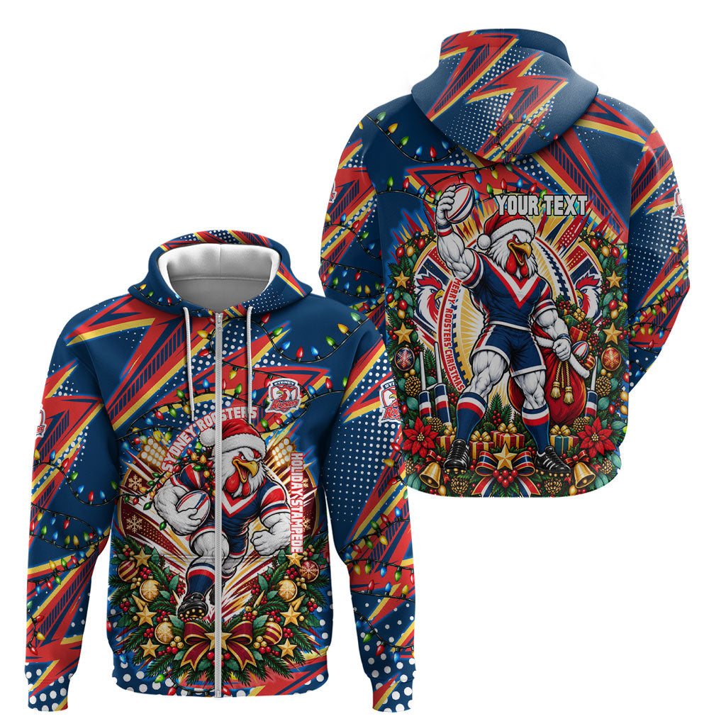 Personalized Sydney Roosters Rugby Christmas Zip Hoodie Holiday Mascot Graphic Art Festive Lights Bow