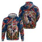 Personalized Sydney Roosters Rugby Christmas Zip Hoodie Holiday Mascot Graphic Art Festive Lights Bow