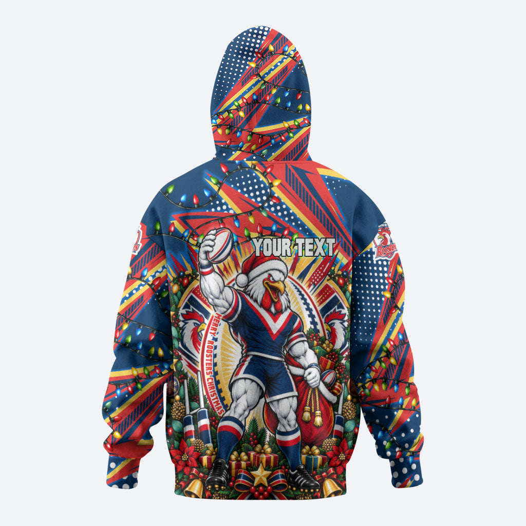 Personalized Sydney Roosters Rugby Christmas Zip Hoodie Holiday Mascot Graphic Art Festive Lights Bow