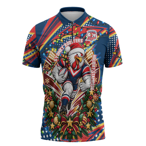 Personalized Sydney Roosters Rugby Christmas Zipper Polo Shirt Holiday Mascot Graphic Art Festive Lights Bow